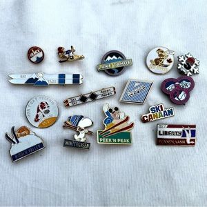 Vintage Ski Pins, lot of 15 enamel lapel pins, Mickey, Snoopy, Garfield